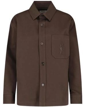 Saint Laurent Cassandre-Embroidered Cotton Shirt - Brown