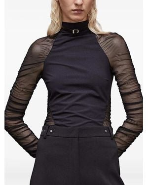 Patrizia Pepe High-Neck Mesh-Sleeve Top - Blue