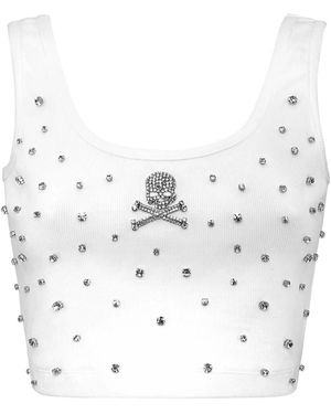Philipp Plein Jersey Rib Cropped Top Stones - White