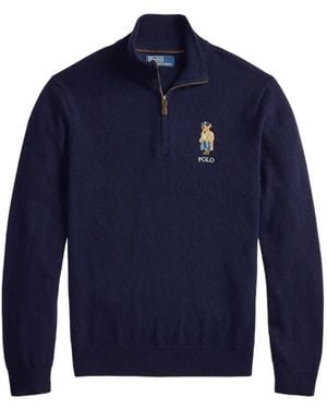 Polo Ralph Lauren Polo Bear Wollen Trui Met Kwartrits - Blauw
