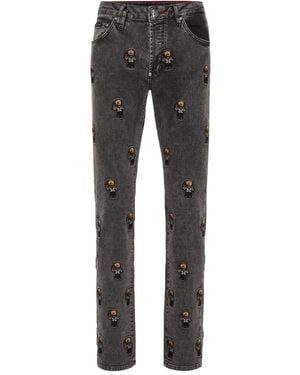 Philipp Plein Bear-Embroidered Jeans - Grey