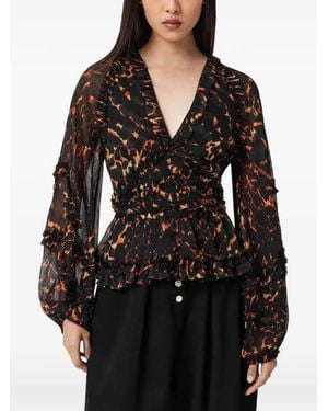 AllSaints Ruffled Animal-Print Blouse - Black