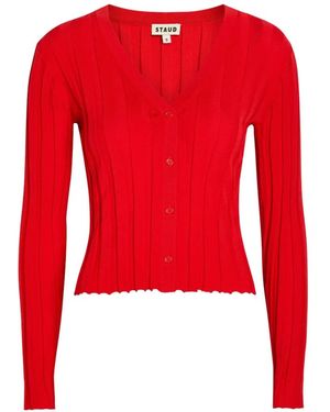 STAUD Ezra Ribbed-Knit V-Neck Cardigan - Red
