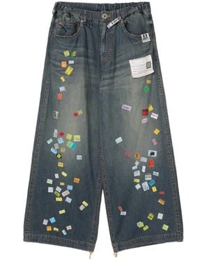 Maison Mihara Yasuhiro Price-Tag Sticker Printed Wide-Leg Jeans - Blue
