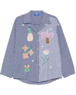 SUSANNA BLU Gingham Striped Embroidered Shirt - Blue