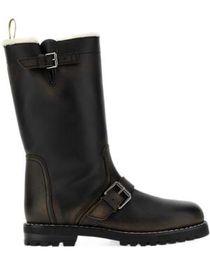 Fendi Bottines Commando En Cuir Marron Foncé Et Peau Lainée Blanche - Black