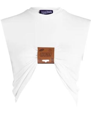 Jean Paul Gaultier Haut En Jersey De Viscose Stretch À Manches Longues Avec Étiquette En Cuir - Blanc