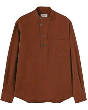 RETORI Band-Collar Half-Placket T-Shirt - Brown