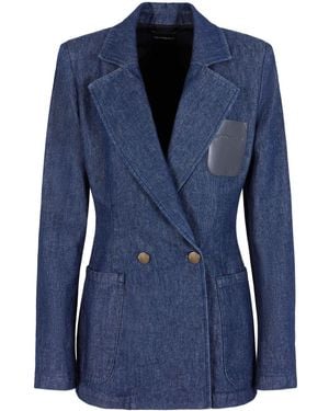 Emporio Armani Notched Lapel Double-Breasted Denim Blazer - Blue