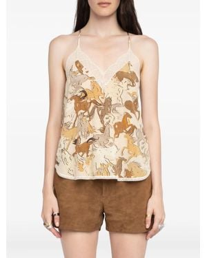 Zadig & Voltaire Christy Horse-Print Lace-Trimmed Top - Natural