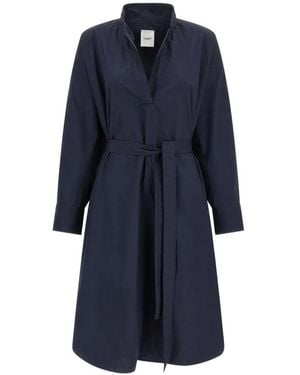 Nude Open Collar Belted Shirt Dress - Blue