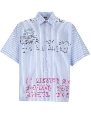 MSGM Slogan-Print Striped Shirt - Blue
