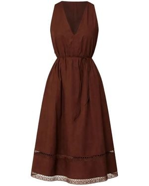 Twinset V-Neck Embroidery-Details Midi Dress - Brown