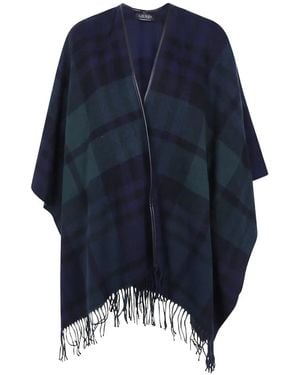 Ralph Lauren Check-Pattern Fringed Poncho - Blue