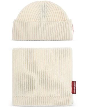 DSquared² Logo-Patch Ribbed Beanie Hat Set - White
