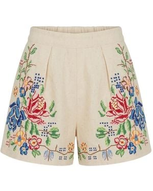 ORSINA Floral-Embroidered Pleated Shorts - White