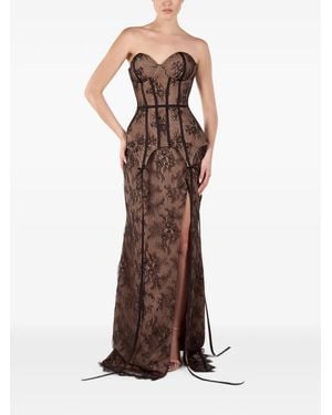 ANDREEA VENECIUC Isadora Lace-Overlay Peplum Maxi Dress - Brown