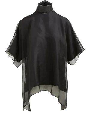 Brandon Maxwell Cali High-Neck Sheer-Panel Blouse - Black