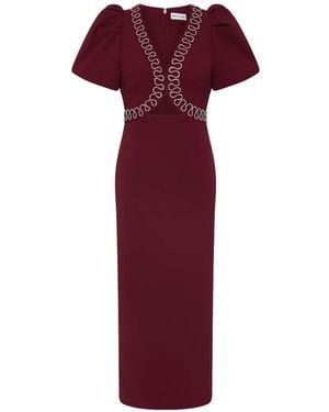 Rebecca Vallance Cava Puff-Sleeves Embellished Midi Dress - Red
