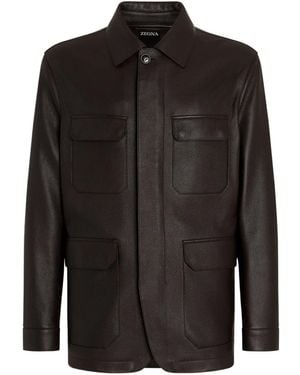 ZEGNA Leather Flap-Pockets Jacket - Black