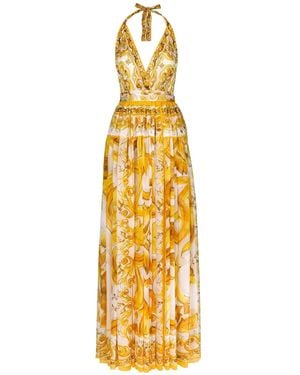 Dolce & Gabbana Long Sleeveless Silk Chiffon Dress With Majolica Print - メタリック