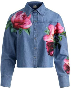 Alice + Olivia Floral Cropped Denim Shirt - Blue