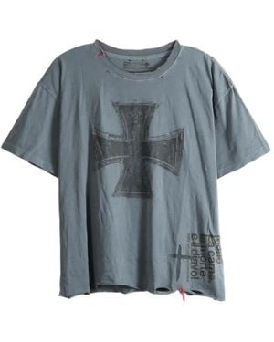 SAITOS Cross-Print Distressed T-Shirt - Blue