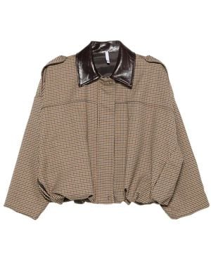 Imperial Houndstooth-Pattern Contrast-Collar Jacket - Brown