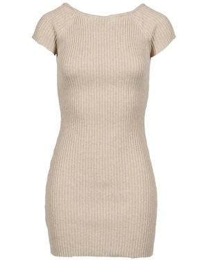 BOHEMSEO Ribbed Raglan-Sleeve Mini Dress - Natural