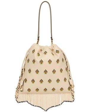 Etro Kalispera Medium Leather Bag With Embroidery And Beads - Natural