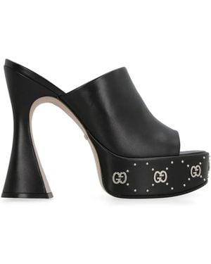 Gucci Leather Platform Sandals With Metallic Details And Curved Heels - Black