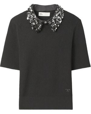 Tory Burch Embellished-Collar Short-Sleeve Top - Black