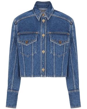 Balmain Cropped Denim Jacket With Classic Collar - Blau