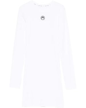 Marine Serre "Moon" Logo Ribbed Jersey Long Sleeves Mini Crewneck Dres - White