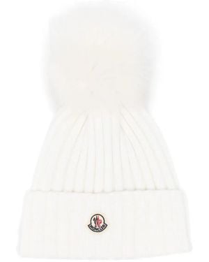 Moncler Pompom Logo Patch Hat - White
