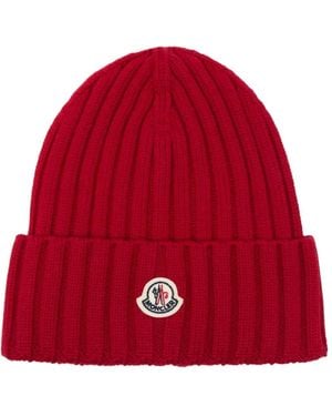 Moncler Logo-Patch Ribbed-Knit Beanie Hat - Red