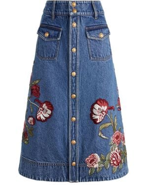 Alice + Olivia Dahlia Floral-Embroidered Denim Skirt - Blue