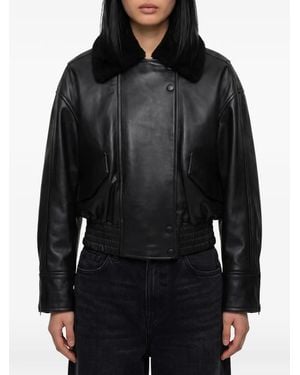IVY & OAK Laila Lane Shearling-Collar Leather Bomber Jacket - Black