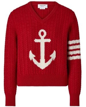 Thom Browne Merino-Wool 4-Bar Intarsia Anchor Pullover - Red