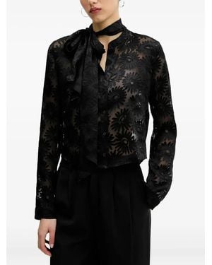 HUGO Floral-Print Tie-Neck Shirt - Black