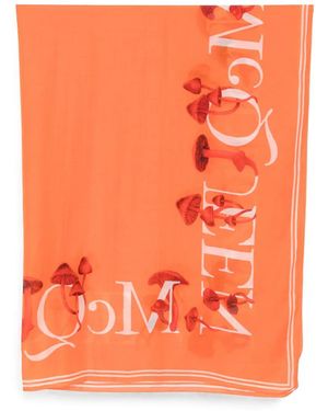 McQueen Mushroom-Print Logo Scarf - Orange
