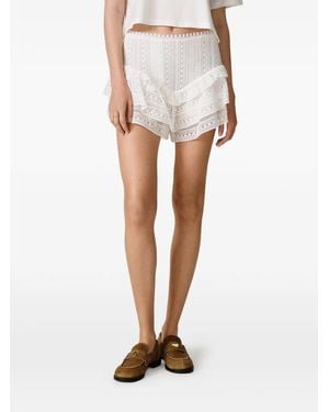Pink Ruffled Lace-Embroidered Shorts - White