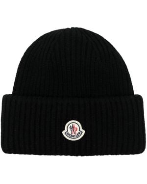Moncler Logo-Patch Ribbed Beanie - Black