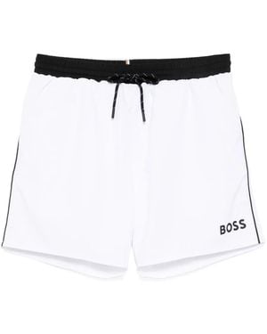 BOSS Logo-Printed Swim Shorts - White