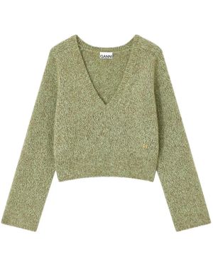 Ganni Brushed V-Neck Jumper - Green