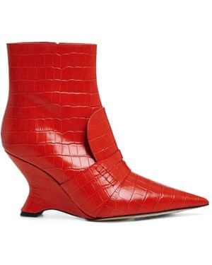 Essentiel Antwerp Crocodile-Effect Wedge-Heel Ankle Boots - Red