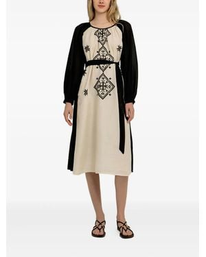 Greek Archaic Kori Geometric-Pattern Long-Sleeve Midi Dress - Natural