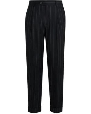 Brunello Cucinelli Super 150S Virgin Wool Wide Chalk Stripe Batavia Trousers With Pleat - Black