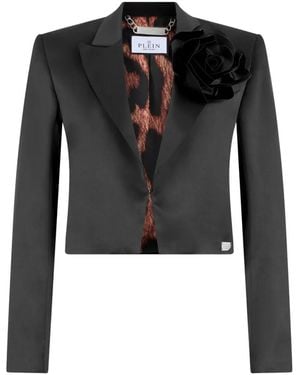 Philipp Plein Flower-Appliqué Satin Jacket - Black