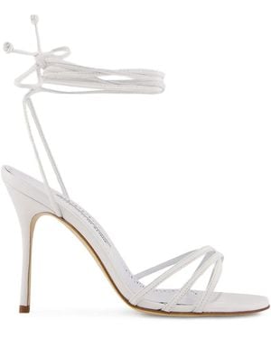 Manolo Blahnik 105Mm Leather Ankle-Tie Sandals - White